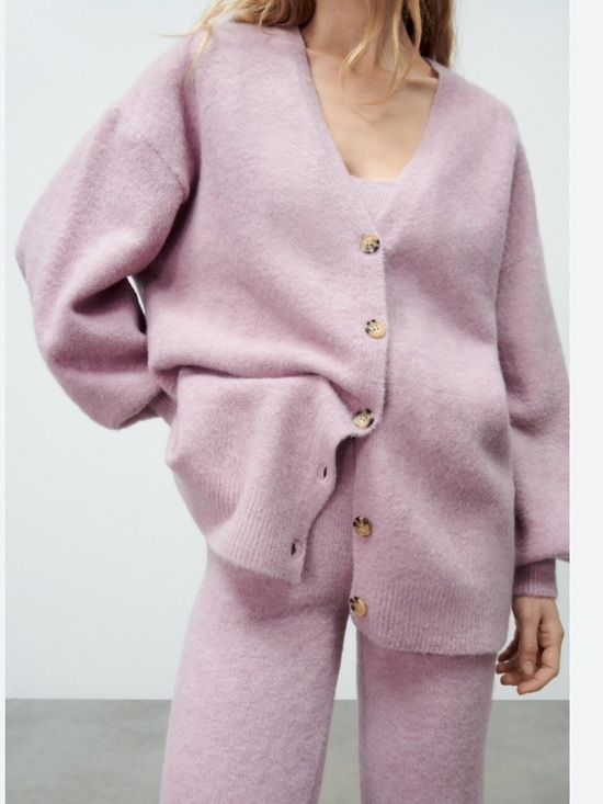 Zara Oversized Balloon Sleeve Button Up Cardigan Sweater Pink - Picture 2 of 10